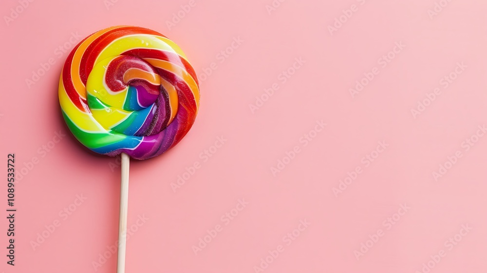 A vibrant rainbow lollipop against a soft pink background, evoking a sense of fun and sweetness. A vibrant rainbow lollipop against a soft pink background, evoking a sense of fun and sweetness.