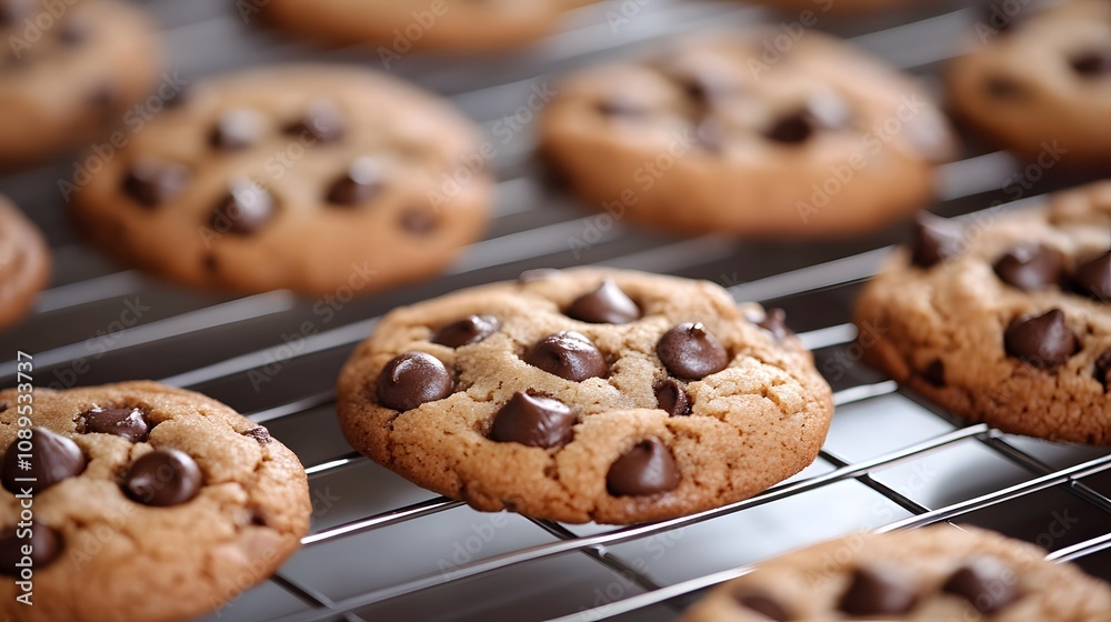 Freshly baked chocolate chip cookies cooling on a wire rack. Freshly baked chocolate chip cookies cooling on a wire rack.