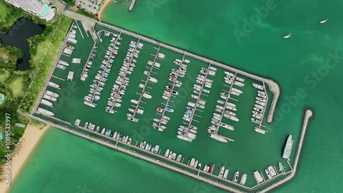 Top View Aerial Drone Footage: Flight Over Marina Bay with Yachts of Different Sizes, flying over boats at a marina, Aerial yacht Monte Carlo insurance business boat harbor