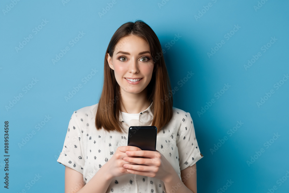 A girl with blue phone on a blue background. Girl, phone, blue background technology, smartphone,. A young girl is using technology on a smartphone. Asian woman using lifestyle smartphone on blue.