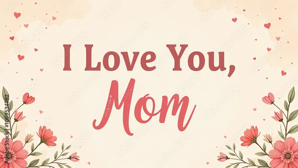 Obraz premium I love you mom inscription, card with flowers and pastel background. Concept care, birthday, congratulations, gift, surprise, party, copy space, lifestyle, holiday, anniversary, banner, poster,layout