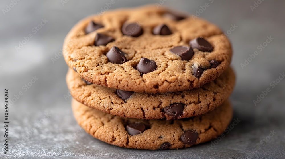 Close-up of three delicious chocolate chip cookies stacked together. Close-up of three delicious chocolate chip cookies stacked together.