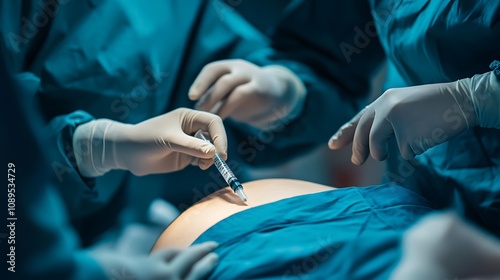 A healthcare worker injecting a medication into a patient's abdomen in a controlled clinical setting