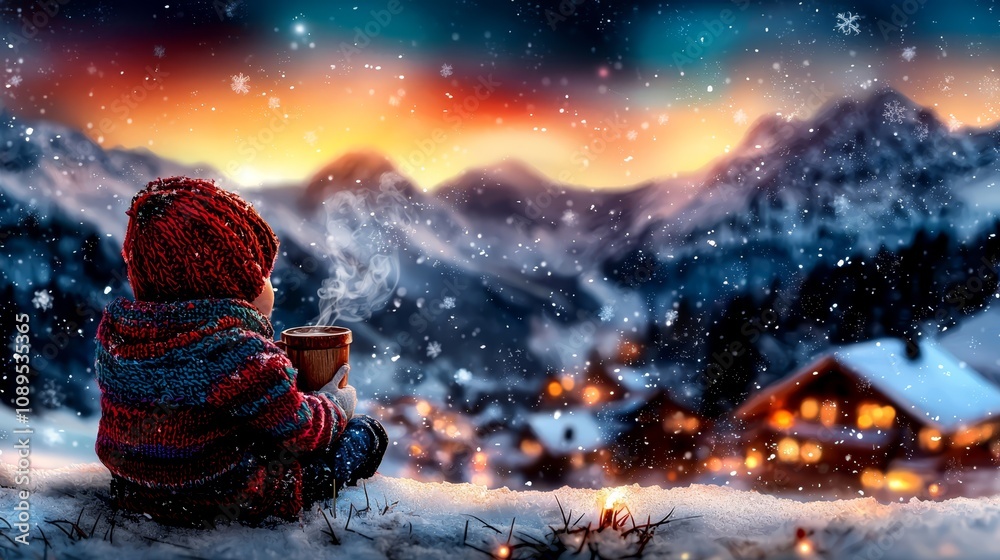 a little boy sitting in the snow with a cup of coffee in his hand, surrounded by a wintery landscape of snow-covered mountains, houses with lights, and a starry sky a little boy sitting in the snow with a cup of coffee in his hand, surrounded by a wintery landscape of snow-covered mountains, houses with lights, and a starry sky