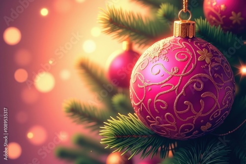 Elegant Pink Ornament on Christmas Tree, Festive Holiday Decoration, Perfect for Celebrations