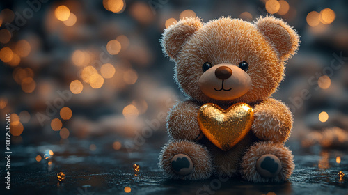 cute teddy bear holding a golden heart