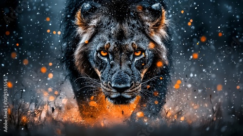  a lion in the snow with orange eyes, surrounded by a dark background The lion is in the center of the image, and the snow is falling around it, creating a beautifu photo