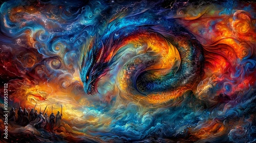 Wallpaper Mural  a vibrant painting of a dragon in the middle of a fiery sky, surrounded by a group of people The dragon is animated, with its wings spread wide and its mouth open Torontodigital.ca