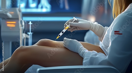 A patient receiving an injection in the forearm while sitting calmly in a modern clinic photo