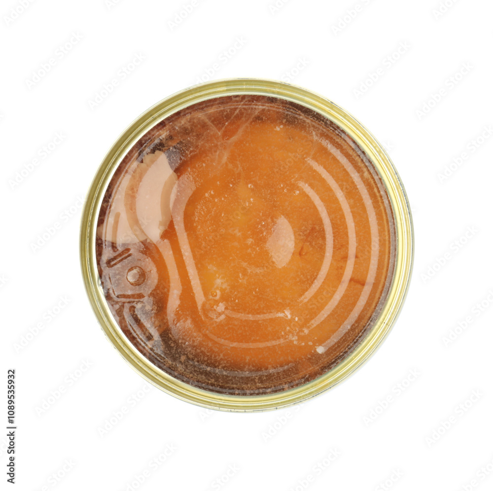 Canned meat in tin can isolated on white, top view Canned meat in tin can isolated on white, top view