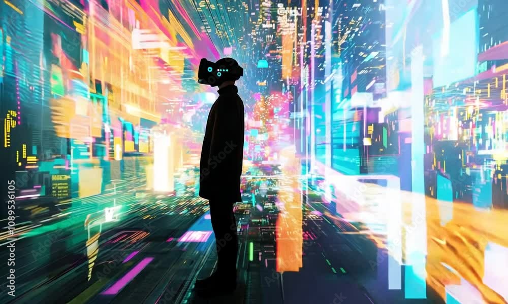 A man stands in a cityscape with neon lights and a virtual reality headset on. The scene is futuristic and the man is in a virtual world A man stands in a cityscape with neon lights and a virtual reality headset on. The scene is futuristic and the man is in a virtual world