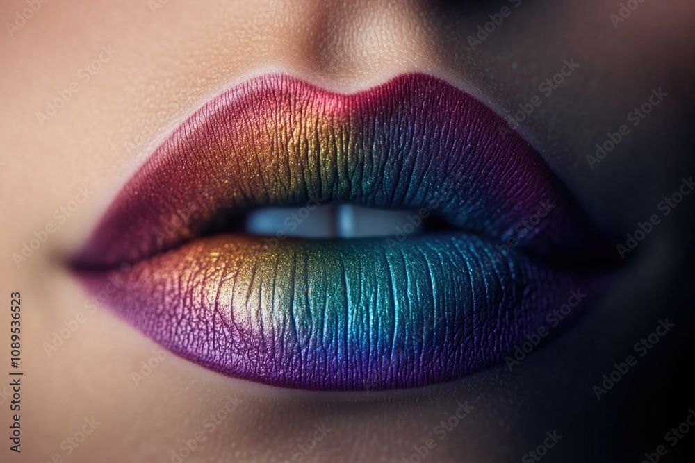 A close-up view of a woman's lips painted with vibrant rainbow colors, perfect for highlighting beauty and creativity A close-up view of a woman's lips painted with vibrant rainbow colors, perfect for highlighting beauty and creativity