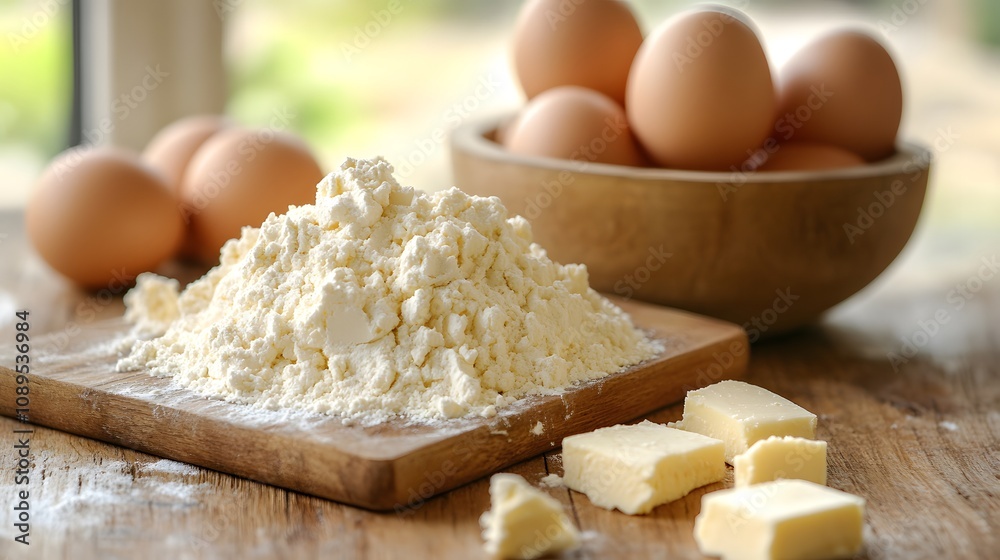 Ingredients for baking: a pile of flour, eggs, and butter on a wooden surface. Ingredients for baking: a pile of flour, eggs, and butter on a wooden surface.