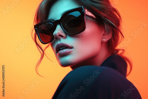 A woman with sunglasses on an orange background