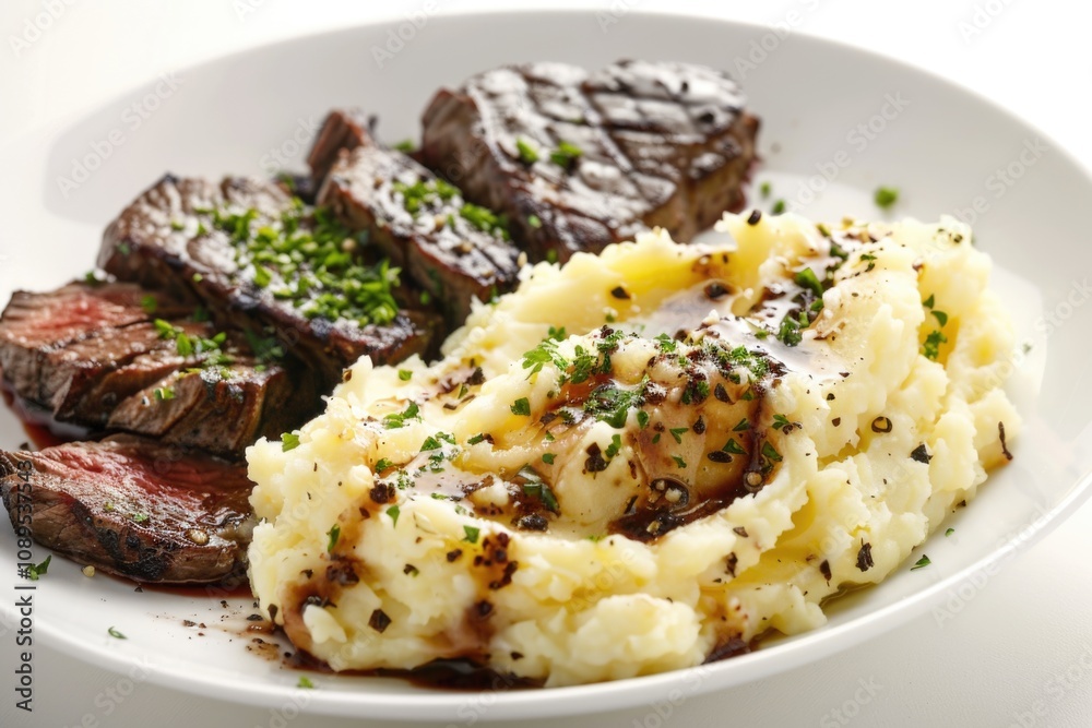 A white plate filled with creamy mashed potatoes and sliced steak, great for food and dinner photography A white plate filled with creamy mashed potatoes and sliced steak, great for food and dinner photography