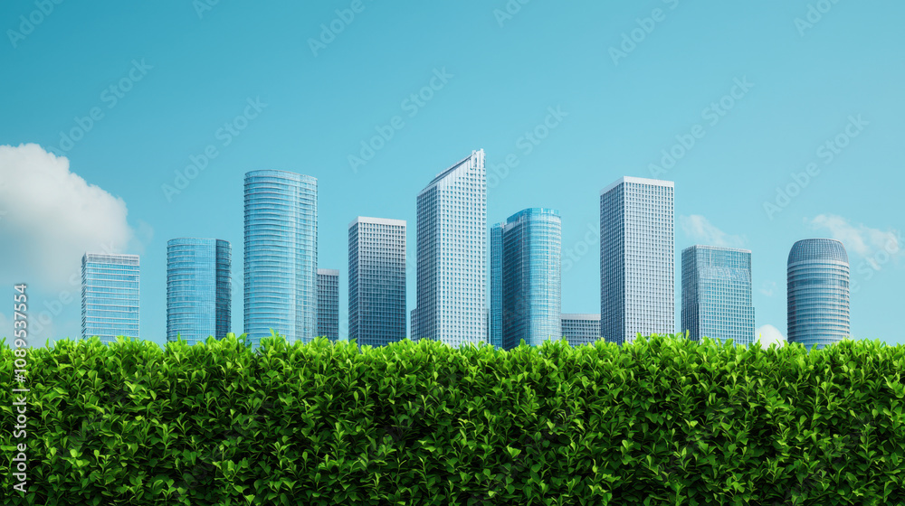 Fototapeta premium climate change global warming mitigation. Urban skyline with green foliage in foreground no body