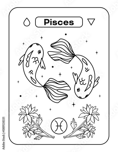 Pisces is a zodiac sign. Two fish with veil-shaped tails. Black and white line flat vector illustration. Eps10