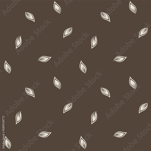 Monoprint style scattered leaves seamless vector pattern background. Simple lino cut effect painterly leaf foliage on dark brown backdrop. Hand drawn design. Ditzy small elements repeat