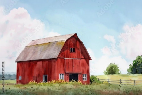 A rustic red barn stands in a green meadow, surrounded by nature