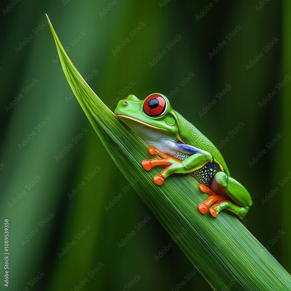 Obraz premium Colorful frog perched on a green leaf.