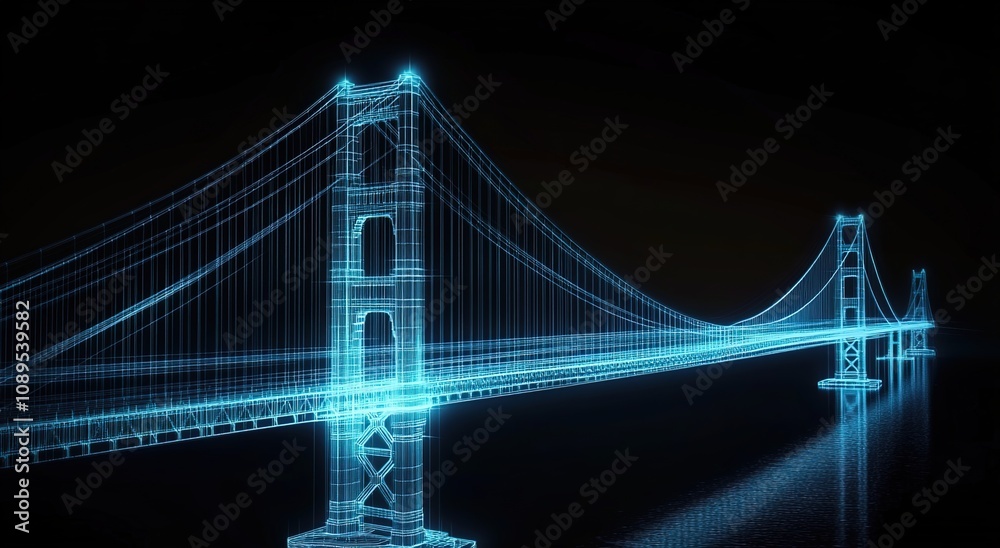 Obraz premium The Golden Gate Bridge is depicted in a holographic projection