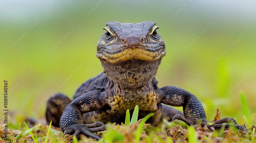 Close-up photo of a lizard basking in the sun on the grass Close-up photo of a lizard basking in the sun on the grass