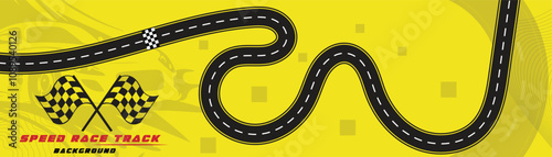 Creative vector illusion of race track isolated on yellow background. Speed race track background design with sport car.