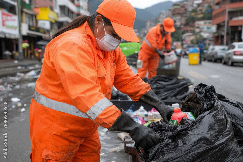 Waste management workers cleaning and sorting trash in urban environment. Waste management workers cleaning and sorting trash in urban environment.