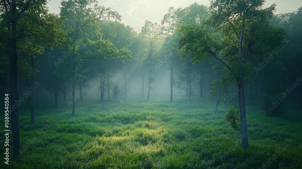 Misty Morning Forest Sunlight Through Trees Green Meadow Misty Morning Forest Sunlight Through Trees Green Meadow