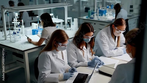 Scientists in lab with notes, tablet and review for experiment results at pharma company. People with face mask, ppe and medical research.