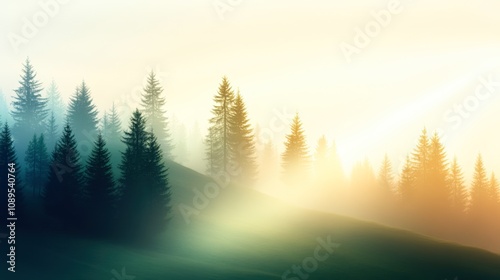 A serene landscape of misty evergreen trees bathed in soft golden light, perfect for nature-themed projects, meditation materials, or as a calming background for wellness and relaxation content,