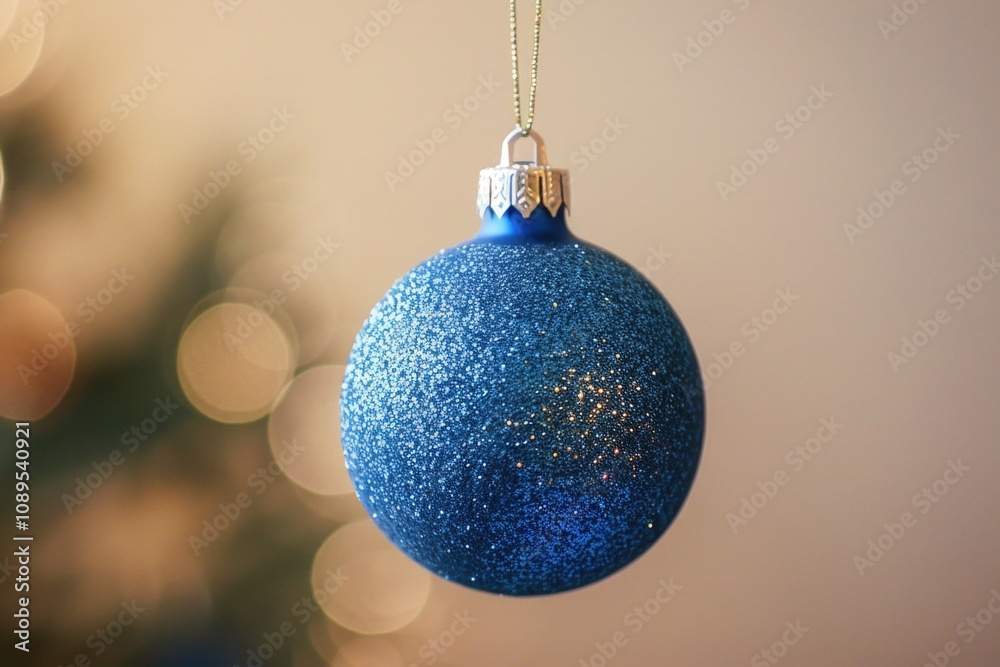 A blue ornament hangs from a Christmas tree branch A blue ornament hangs from a Christmas tree branch