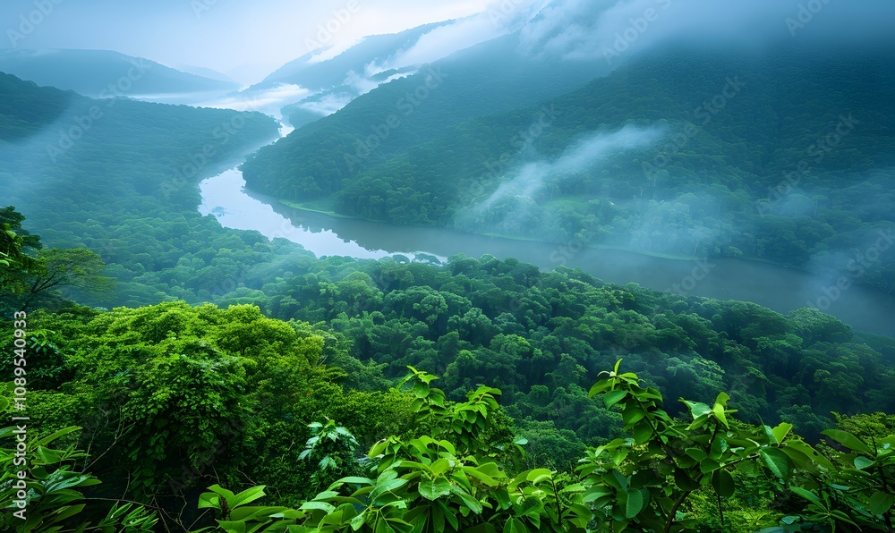 Obraz premium Forest Canopy and river, An expansive view of the dense, unbroken green canopy with the river snaking through