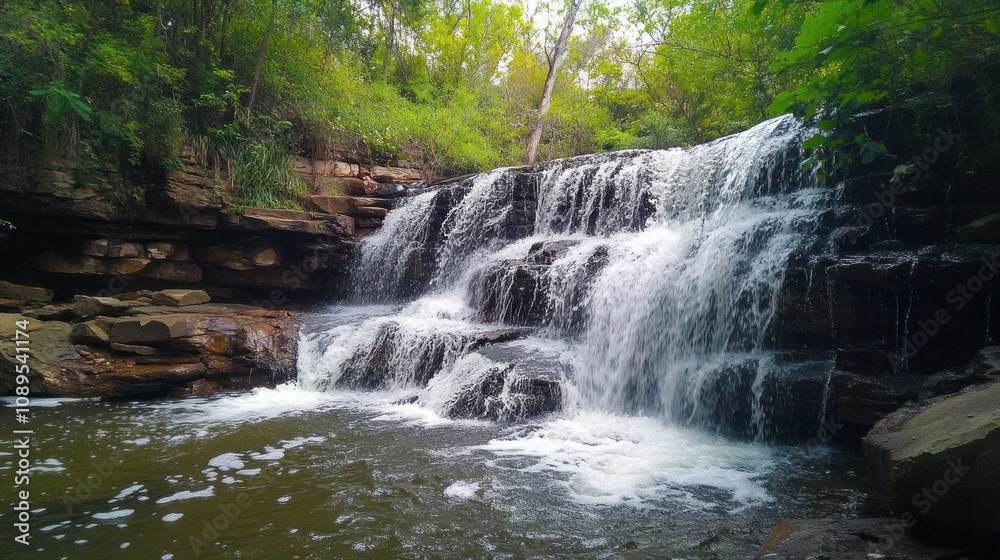 Serene Waterfall Cascading Down Rocky Steps in a Tranquil Forested Setting Surrounded by Lush Greenery and Natural Beauty Ideal for Nature Lovers and Outdoor Enthusiasts Serene Waterfall Cascading Down Rocky Steps in a Tranquil Forested Setting Surrounded by Lush Greenery and Natural Beauty Ideal for Nature Lovers and Outdoor Enthusiasts
