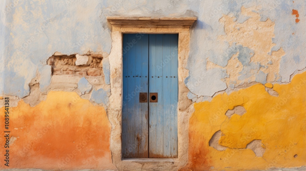 The dilapidated wall of the building and the wooden door require major repairs. Facade of a house with damaged plaster. Photophone for retro shooting. Illustration for cover, card, interior design. The dilapidated wall of the building and the wooden door require major repairs. Facade of a house with damaged plaster. Photophone for retro shooting. Illustration for cover, card, interior design.