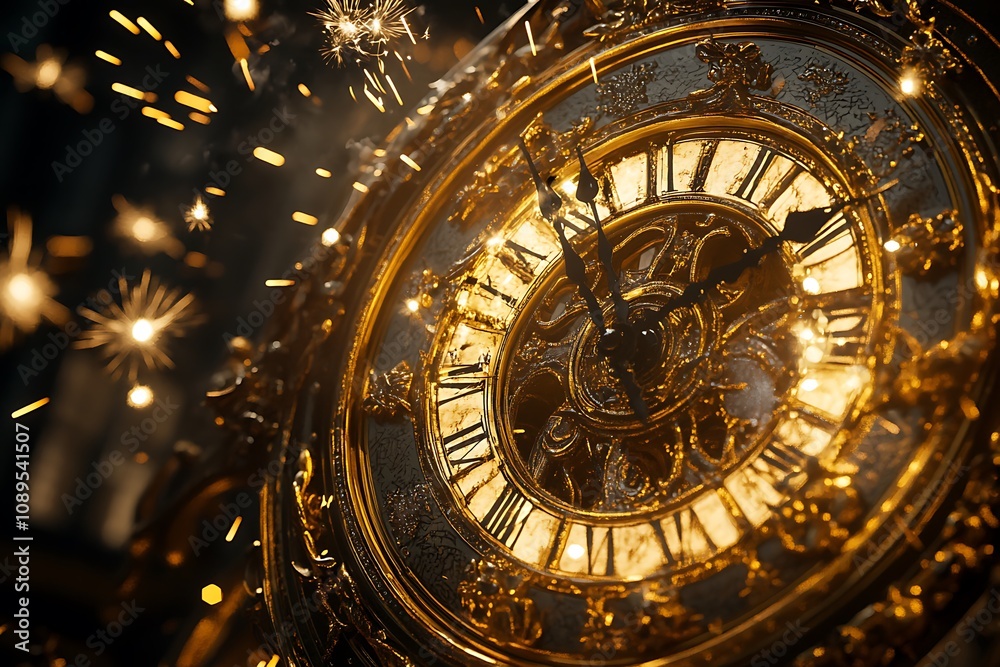 Abstract golden clock face with fireworks in the background Abstract golden clock face with fireworks in the background