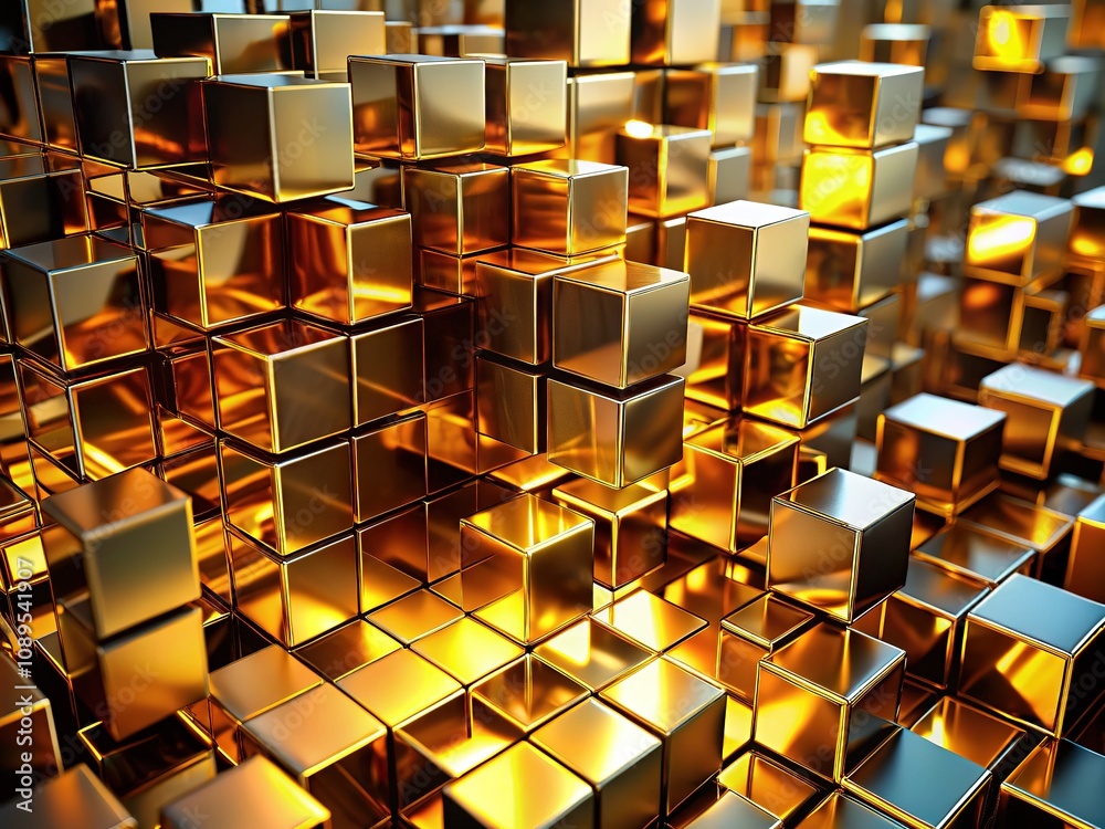 An enchanting display of abstract gold cubes, featuring opulent textures and a cutting-edge aesthetic, elegantly arranged to captivate and inspire creativity in viewers. An enchanting display of abstract gold cubes, featuring opulent textures and a cutting-edge aesthetic, elegantly arranged to captivate and inspire creativity in viewers.