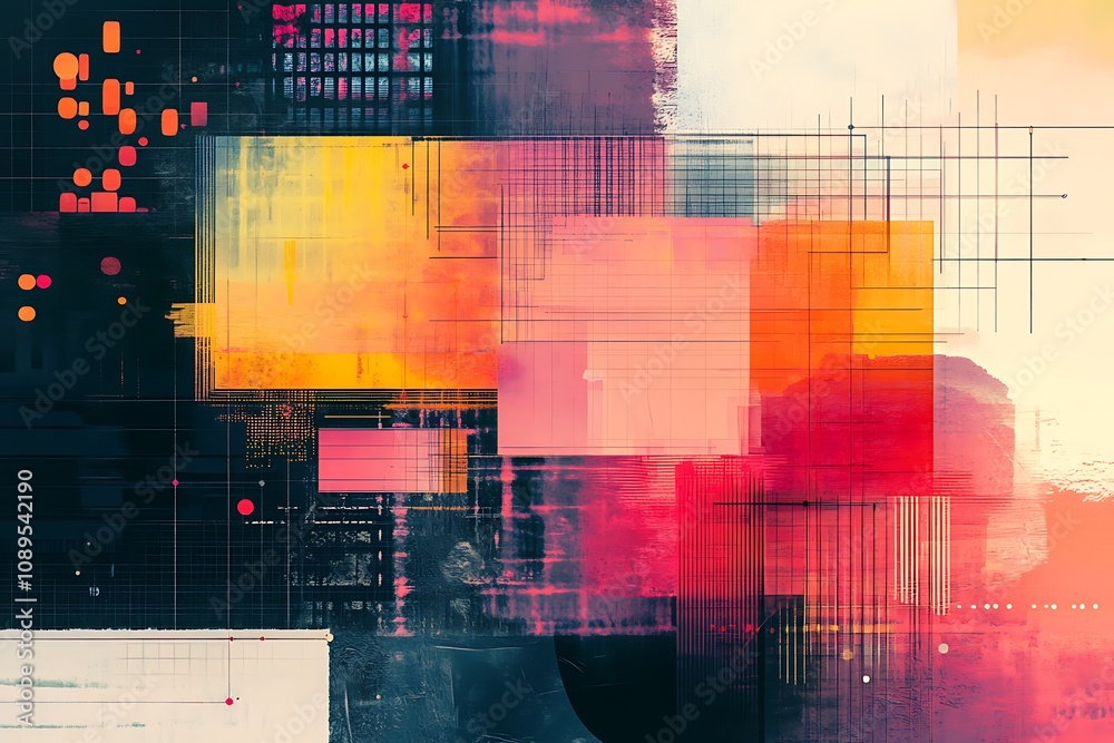 Naklejka premium Abstract layers of grids and charts creating a vibrant tech theme