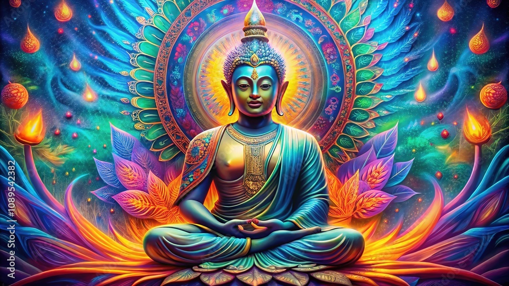 An ethereal representation of Buddha seated in lotus position, enveloped by a kaleidoscope of vibrant abstract shapes and patterns, evoking a surreal spiritual experience. An ethereal representation of Buddha seated in lotus position, enveloped by a kaleidoscope of vibrant abstract shapes and patterns, evoking a surreal spiritual experience.