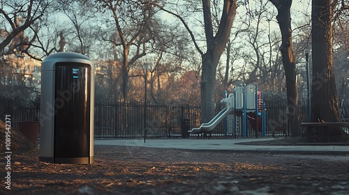 A futuristic smart trash can near a playground sending SMS alerts for service needs