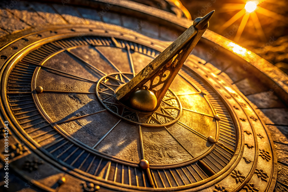 Obraz premium A detailed close-up of a vintage compass, showcasing intricate designs and warm sunlight highlighting its metallic features.