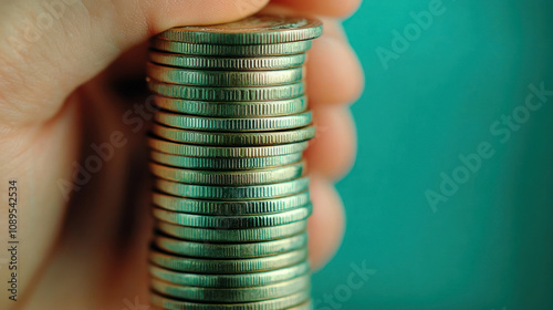 A hand holding a tall stack of coins symbolizing wealth and financial growth. photo