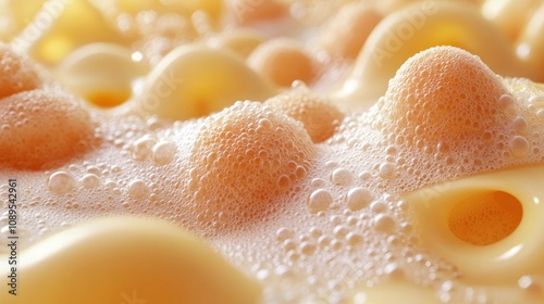 Close-up of bubbly, textured, yellow surface with orange spheres.