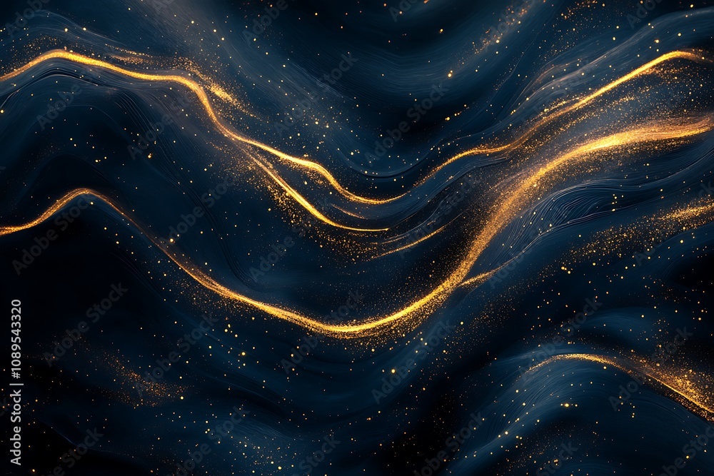 Abstract glowing gold waveforms on a dark navy background