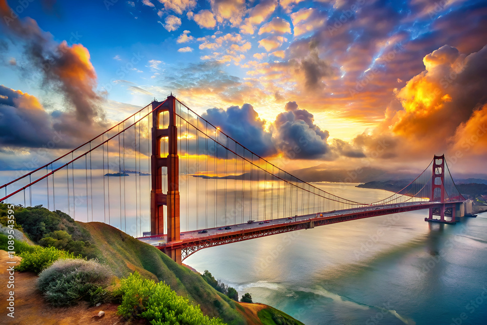 Fototapeta premium Golden Gate Bridge at sunset, surrounded by dramatic clouds and reflections on the water, capturing a serene yet vibrant atmosphere.