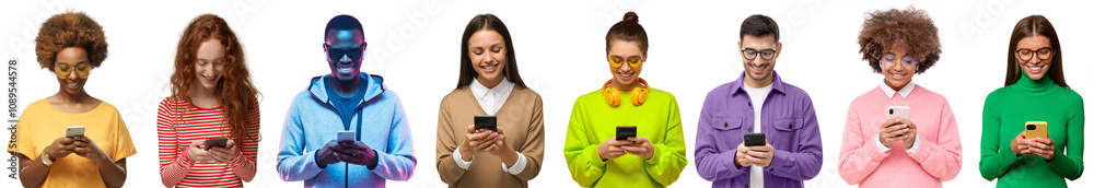 Fototapeta premium Group of smiling diverse people holding phones and texting