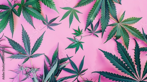 A flat lay of various cannabis leaves on a pink background, showcasing their diverse shapes and colors.