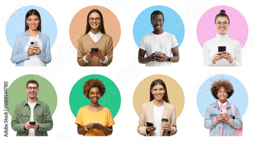 Group of diverse people holding phones and smiling to camera