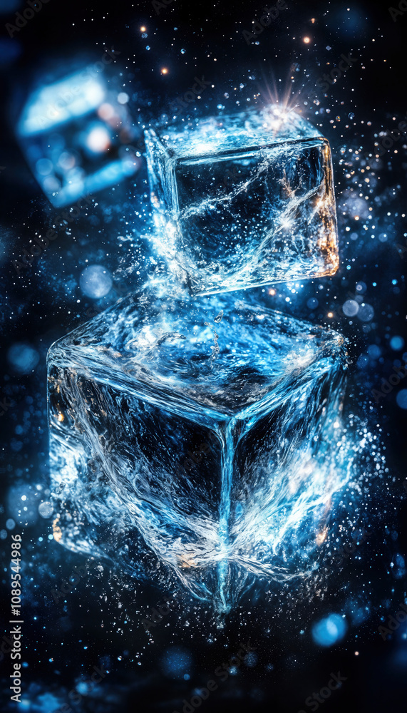 Title: Close-Up of Ice Cubes Splashing in Water on Dark Background, Highlighting Frozen Texture and Crystal Clarity
Title: Close-Up of Ice Cubes Splashing in Water on Dark Background, Highlighting Frozen Texture and Crystal Clarity