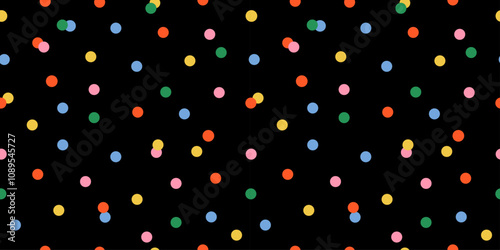 Seamless pattern of polka dots on a black background. New year confetti dark backdrop. Christmas background. Perfect for festive celebrations, ads, cards, and wrapping paper. Carnaval Party texture.
